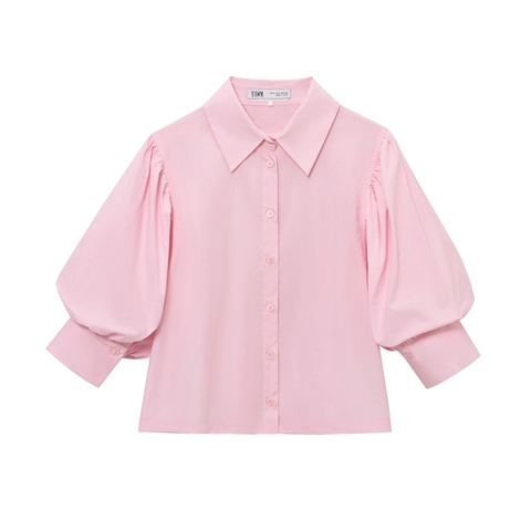 Women Blouse Pink Puff Sleeve Lapel Solid Color Casual Fashionable Top Polyester Cotton Ladies Wear