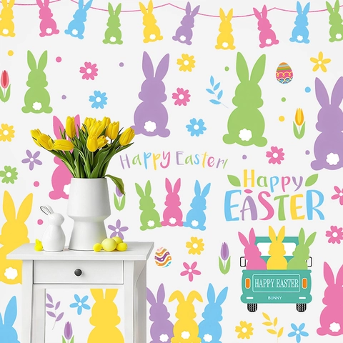 Pasen Vensterstickers Kleurrijke Paashaas Paaseieren Bloem PVC Statische Stickers Voor Kinderkamer Glas Decoratie