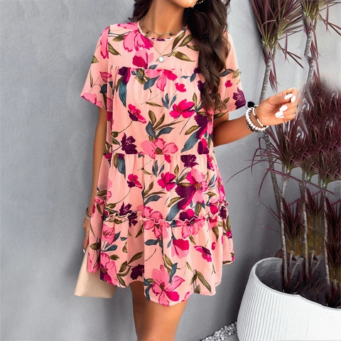 Dames Jurk Met Bloemenprint Korte Mouwen Ronde Hals Gelaagde Ruches Open Rug Met Strik Losse Zomerjurk Mini Jurk