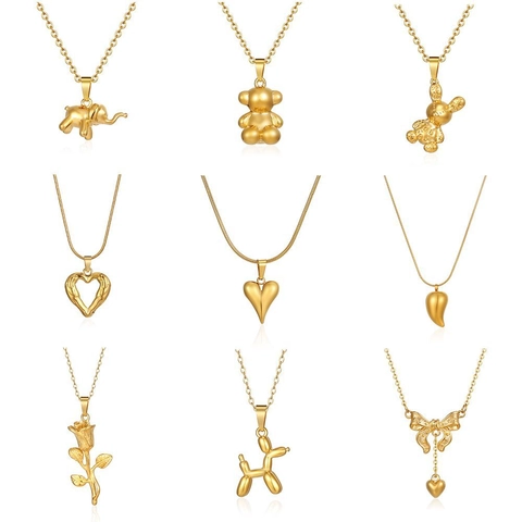 Vintage Stainless Steel 18K Gold Plated Pendant Necklace For Women Fashion Heart Elephant Bear Animal Rhinestone Sweater Chain Jewelry