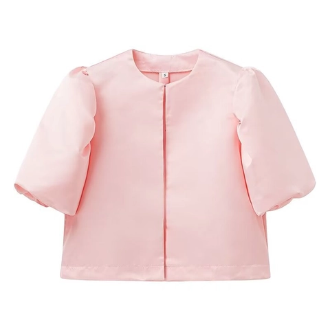 Damen Fashion Satin Puffärmel Lockeres Crop Top Rundhalsausschnitt Haken Und Ösenverschluss Polyester Bluse Kurzarm Top