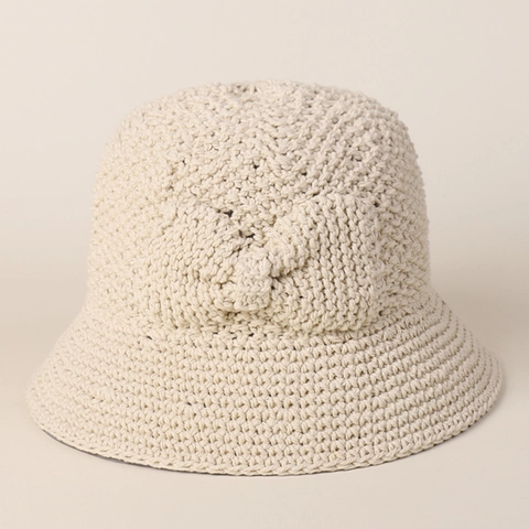 Women Cotton Crochet Bucket Hat Handmade Bow Summer Sun Protection Fisherman Hat Casual Solid Cream