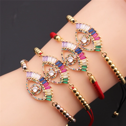 Evil Eye Bracelet Gold Plated Copper Colorful Cubic Zirconia Adjustable Handmade String Jewelry For Women
