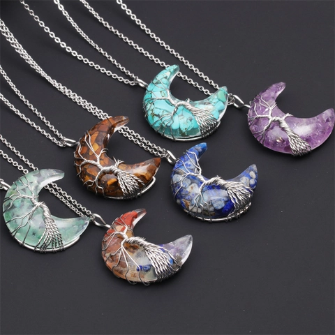 Tree Of Life Crescent Moon Heart Pendant Necklace Natural Crushed Stone Resin Wire Wrapped Bohemian Jewelry For Women Girls