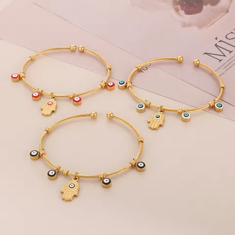 Evil Eye Hamsa Hand Charm Bangle Stainless Steel 18K Gold Plated Twisted Cable Open Cuff Bracelet For Women