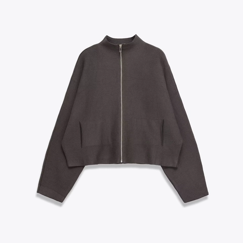 Chaqueta De Punto Para Mujer Cuello Alzado Cremallera Color Sólido Manga Larga Informal Minimalista Sudadera Con Bolsillos