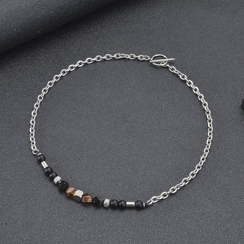 Stainless Steel Necklace With Tiger Eye And Frosted Stone Beads OT Buckle Trendy Retro Jewelry For Men And Women