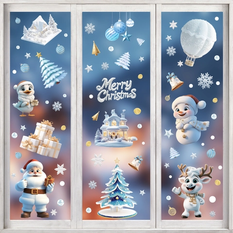 Weihnachtsfensteraufkleber Aufkleber PVC Statisch Haftend Wasserdicht Doppelseitig Feiertagsglasdekoration Cartoon Weihnachtsmann Schneemann
