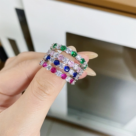 925 Sterling Silver Rainbow Eternity Ring For Women Round Cut Multicolor Rhinestone Inlaid Fashion Stackable Band Finger Jewelry