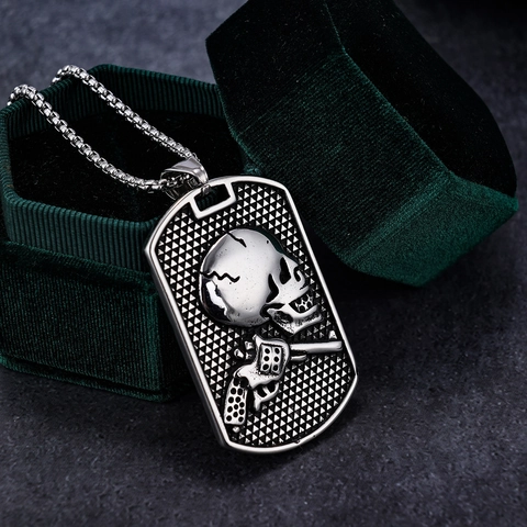 Stainless Steel Skull And Revolver Dog Tag Pendant Necklace Retro Punk Gothic Jewelry For Men