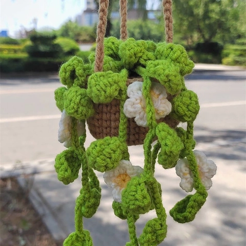 Handmade Crochet Knitted Plant Hanging Ornament For Car Rearview Mirror Home Decor Yarn Potted Heart Leaves Flower