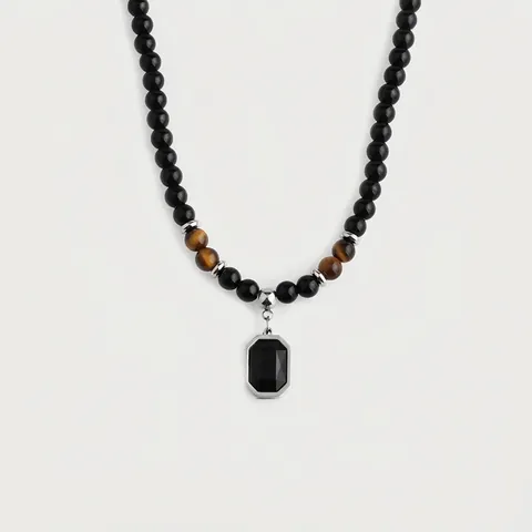Unisex Natuursteen Kralen Halsketting Rechthoekige Titaniumstaal Hanger Tijgeroog Kaartsteen Vintage Mode Sieraden