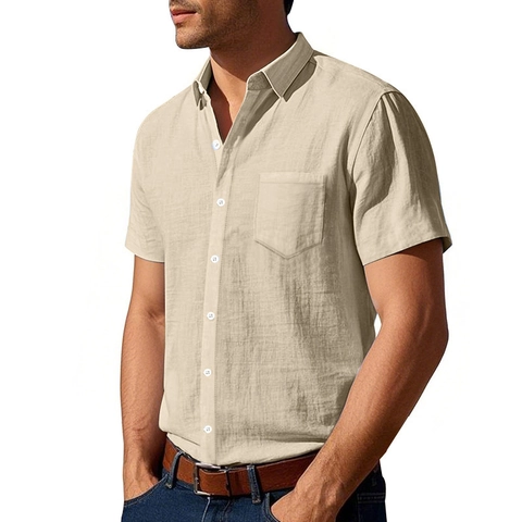 Men's American Hawaiian Style Short Sleeve Shirt Casual Loose Lapel Polyester Top With Chest Pocket Button Up Shirt