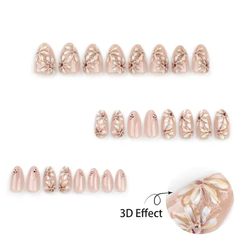 3D Bloem Kunstnagels Kort Amandel Nude Roze Glanzend Valse Nagels Met Kunstparel Decor Elegant Ontwerp Voor Dames