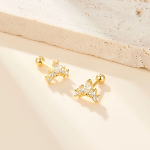 Orecchini a Bottone a Corona in Argento Sterling 925 Con Chiusura a Vite per Donna Eleganti Placcati Oro Argento Zirconia