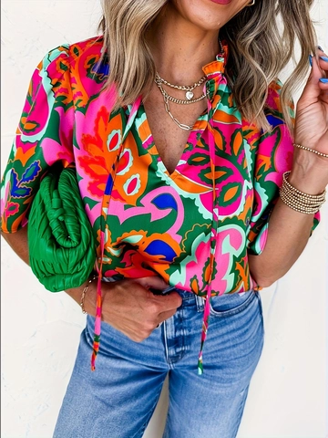 Damen V Ausschnitt Bluse Sommer Kurzarm Puffärmel Paisley Blumendruck Boho Polyester Spandex Top Bunt