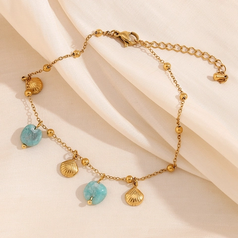 Shell Amazonite Pendant Anklet Stainless Steel 18K Gold Plated Beach Bohemian Style Women Jewelry