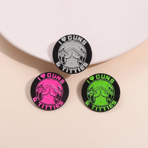 Round Zinc Alloy Enamel Pin Heart Gun Female Outline Contrast Color Subculture Brooch Badge For Clothing Backpack Accessories