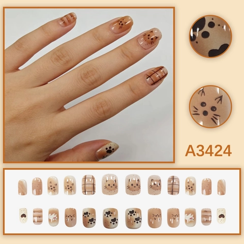 Resin Glossy Press On Nails Cartoon Cat Heart Claw Design Cute Kawaii Nude Brown Plaid