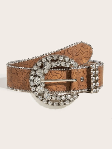 Cintura Vintage Western in Ecopelle Marrone Per Uomo Donna Fibbia con Strass Cintura in Vita con Goffratura Floreale Accessorio Moda
