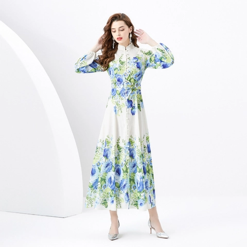 Vestito Maxi In Chiffon A Fiori Maniche Lunghe Collo Alto Monopetto Con Cintura Elegante Retro Stile Vacanza