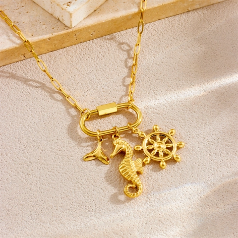 Collana In Acciaio Inossidabile Placcato Oro Chiusura A Moschettone Multi Pendente Celeste Marino Malocchio Luna Stella Smalto Per Donne