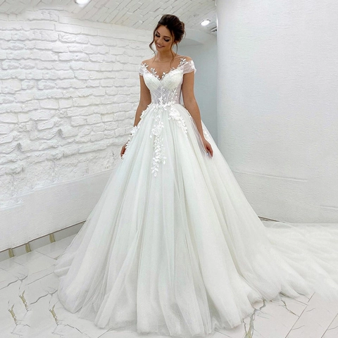 Elegant White Wedding Dress Lace Tulle Off Shoulder V Neck Backless Bridal Gown Long Train For Women Marriage Reception