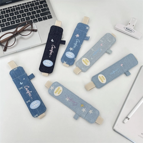 Portapenne In Denim Fascia Elastica Custodia Per Penna Per Notebook Tablet Tessuto Denim Ricamato Stella Farfalla Blu
