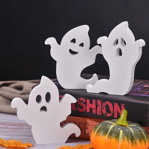 Halloween Ghost Wooden Desktop Ornaments Cute White Spooky Tiered Tray Decor Festival Party Home Supplies