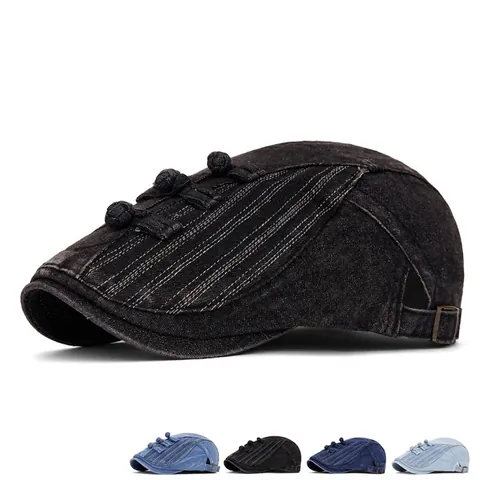 Gewassen Denim Platte Pet Met Chinese Knopen Verstelbare Retro Ivy Muts Voor Heren En Dames Mode