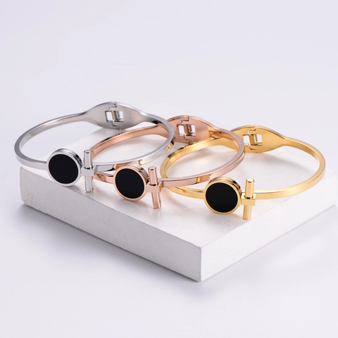 Bracciale Rigido Barra T Acciaio Inossidabile 316L Placcato Oro 18K Con Disco Rotondo Smalto Nero Gioielli Geometrici Minimalisti Donne