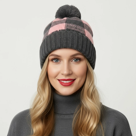 Winter Knit Beanie Hat Acrylic Buffalo Plaid Pattern Warm Thermal Outdoor Pom Pom Soft Ribbed Cuff Casual Women