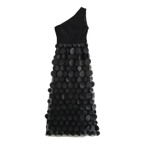 One-Shoulder-Maxi-Kleid Aus Mesh Mit Dreidimensionaler Blumendekoration Sexy Schwarz Elegantes Abendkleid Für Damen