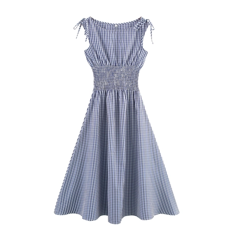 Dames Gingham Geruite Midi Jurk Polyester Schouderstrikjes Gesmokte Taille A-Lijn Elegant Vakantie Mouwloos