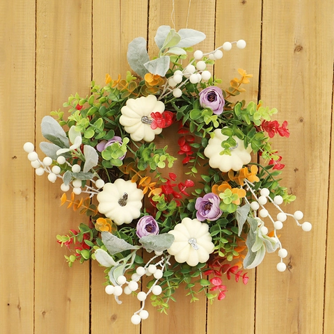 Artificial Wreath Autumn Fall Decoration White Pumpkins Purple Flowers Eucalyptus Leaves Berries Natural Vine Base Front Door