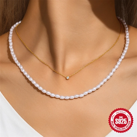 Collar de Doble Capa de Plata de Ley S925 Minimalista para Mujer Elegante Colgante de Circonia y Perlas Artificiales Joyería