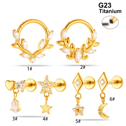 G23 Titanium Lip Ring Stud Earrings With Zircon Star Moon Dangle Flat Back Internal Thread Body Piercing Jewelry