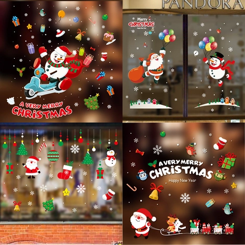 Christmas Static Window Cling Stickers Set Santa Claus Snowman Snowflake Reindeer Pattern For Holiday Party Home Shop Decoration