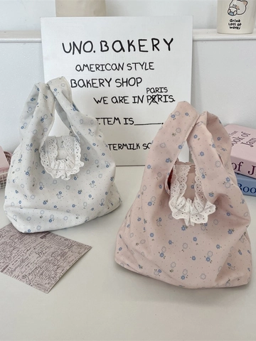 Women Mini Handbag Floral Print Lace Trim Polyester Canvas Snap Button Lightweight Casual Commute Tote Bag