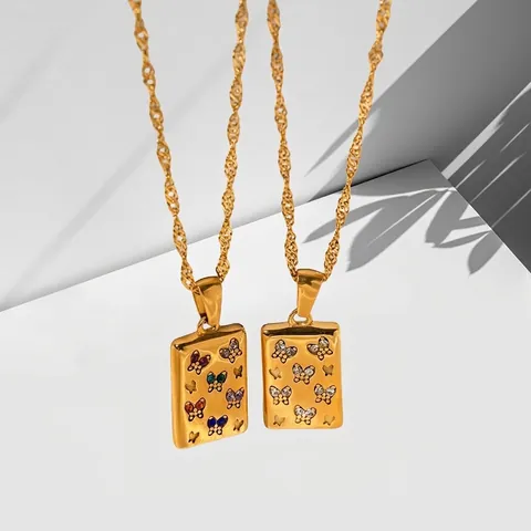Collana Con Ciondolo Rettangolare A Farfalla Acciaio Inossidabile Placcato Oro Zircone Intarsiato Gioielli Vintage Eleganti Per Donna