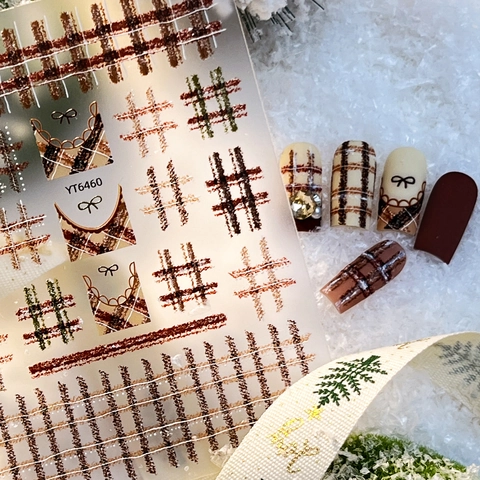 Christmas Winter Plaid Bow Nail Art Stickers 5D Relief Vintage Maillard Style Manicure Decals For Women Festive Nails