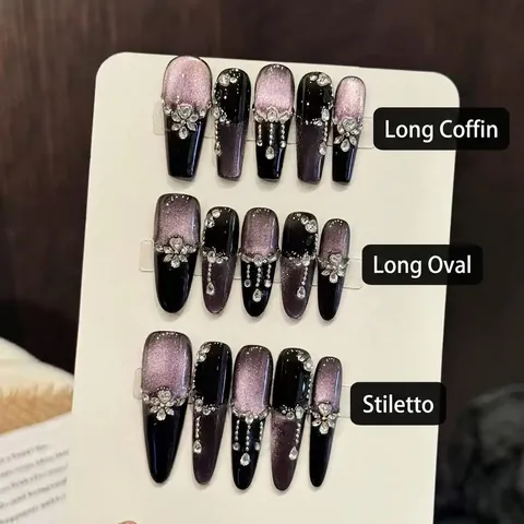 Handmade Press On Nails Purple Cat Eye Black Gradient Rhinestone Flower Long Coffin Stiletto Luxury Artificial Fingernails