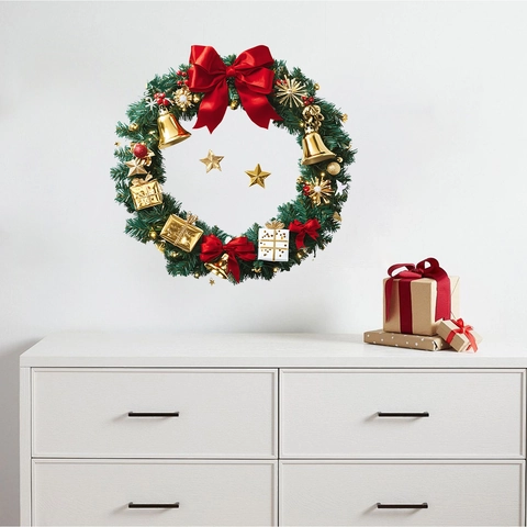 Weihnachts Kranz Wandtattoo PVC Aufkleber Rote Schleife Goldene Glocken Sterne Tannennadel Festliche Haus Deko