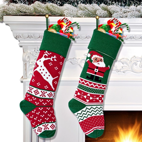 Chaussettes De Noël Tricotées Rouge Vert Renne Père Noël Motifs Flocons De Neige Sacs Cadeaux Suspendus Décoration