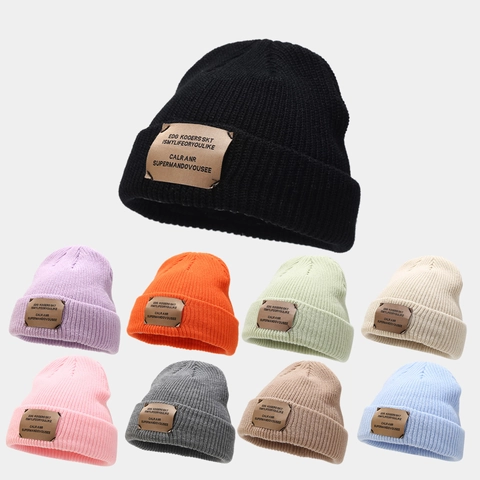 Knitted Beanie Hat Acrylic Warm Winter Ribbed Cap With Leather Patch For Women Men Casual Streetwear Simple Solid Color