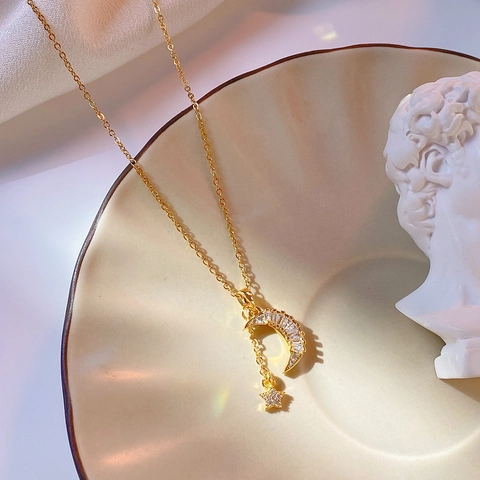 Koreaanse Lichte Luxe Titaniumstaal Ster Maan Hanger Halsketting Met Zirconia Goud Kwastje Halsketting Voor Vrouwen Sieraden Cadeau