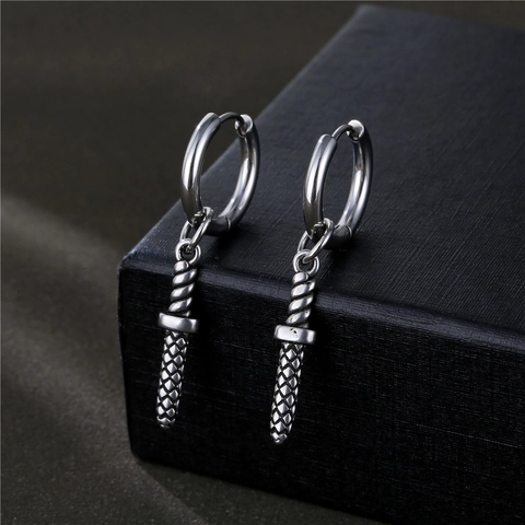Dagger Pendant Hoop Earrings 316L Stainless Steel Gothic Punk Retro Sword Drop Jewelry Men Women