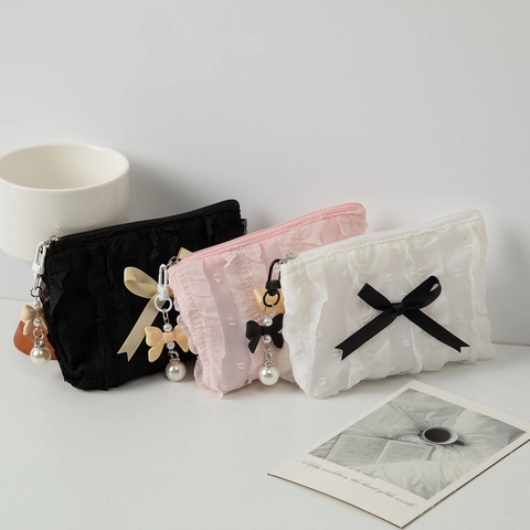 Bolsa De Maquillaje De Encaje Neceser Cosmético Con Lazo Dulce Monedero De Malla Con Volantes Y Colgante De Perla Artificial Para Mujer