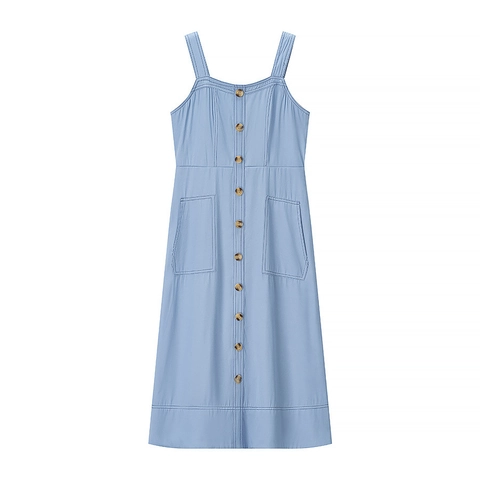 Dames Midi Jurk Vierkante Hals Mouwloos Denim Look Polyester Cargo Workwear Stijl Knoopsluiting Zak Achter Rits