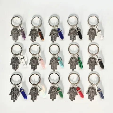 Hamsa Hand Schlüsselanhänger Mit Natürlicher Sechseckiger Kristallsäule Blaues Auge Schutz Charm Legierung Taschenanhänger